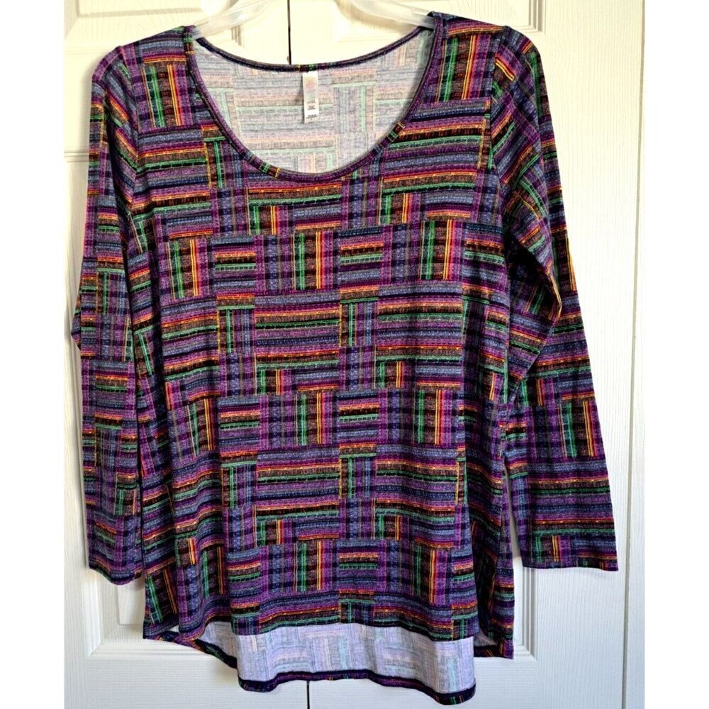 LuLaRoe Women's L Multicolor Block Stripe Print Short Sleeve Tunic